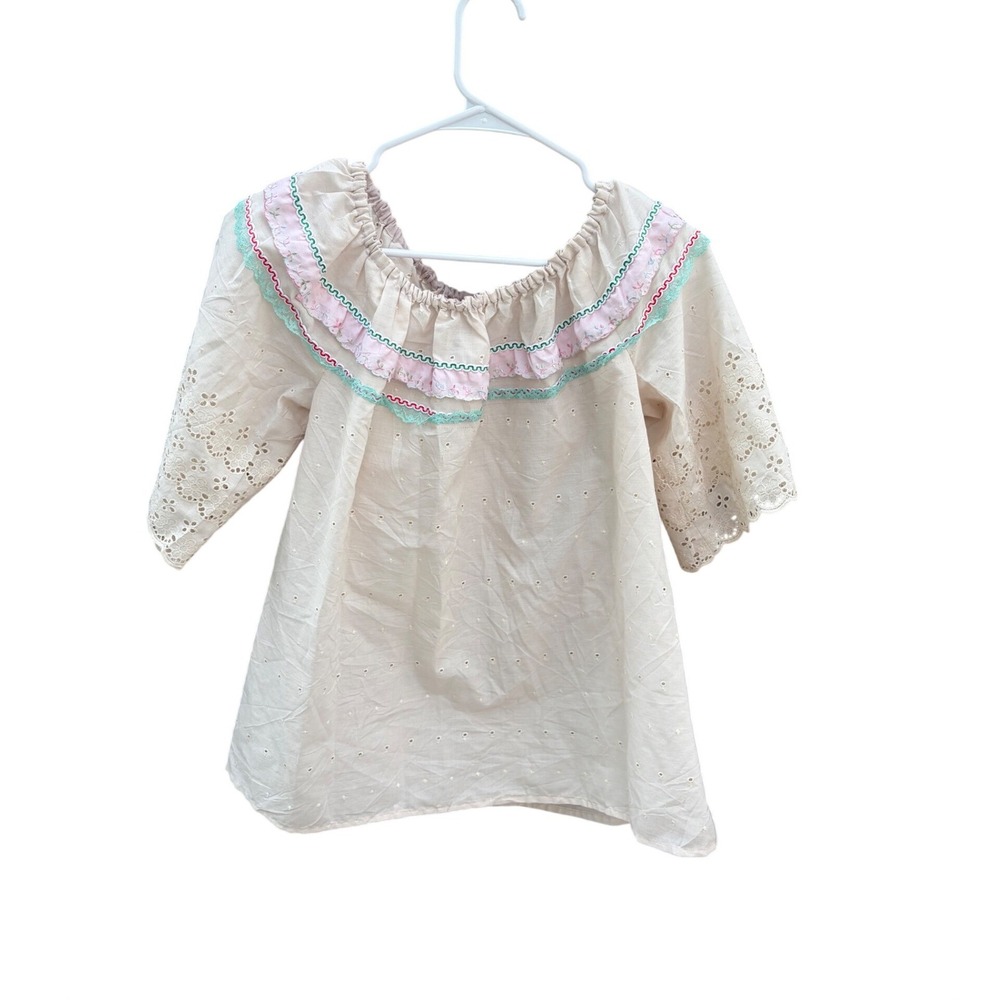 Vintage‎ Handmaid Blouse Boho Cottagecore Cream Eyelet Ruffle Rickrack